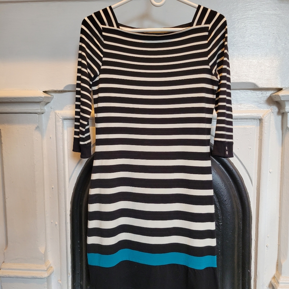 White House Black Market sheath dress.  Black & white striped.  Size XS.
